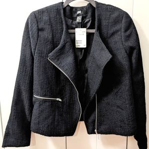 H&M, Black Asymmetrical Jacket, Tweed like, Front Zip pocket, lined, Size 12.